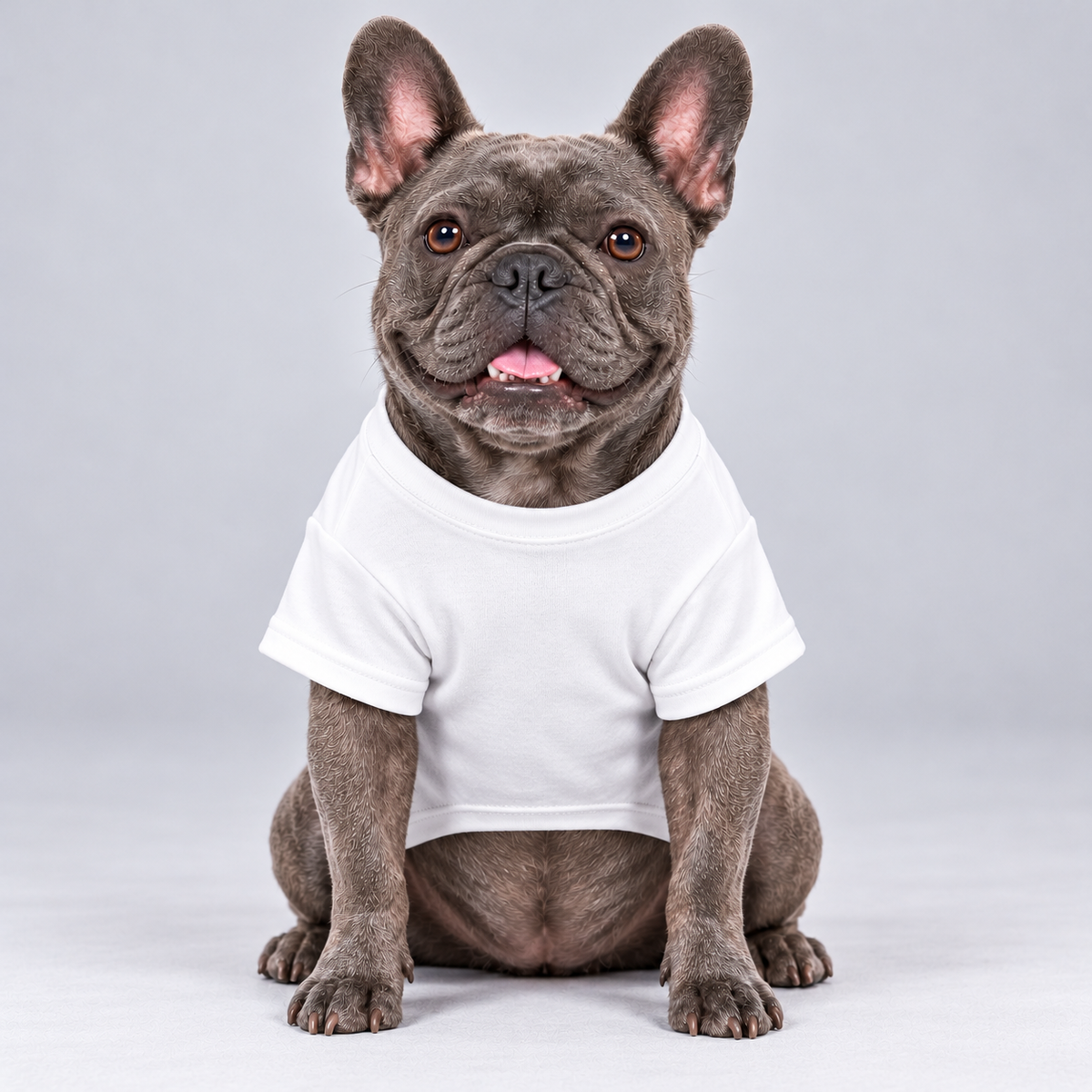 Snooze Control cotton dog T-shirt, plain front view on our Frenchie model