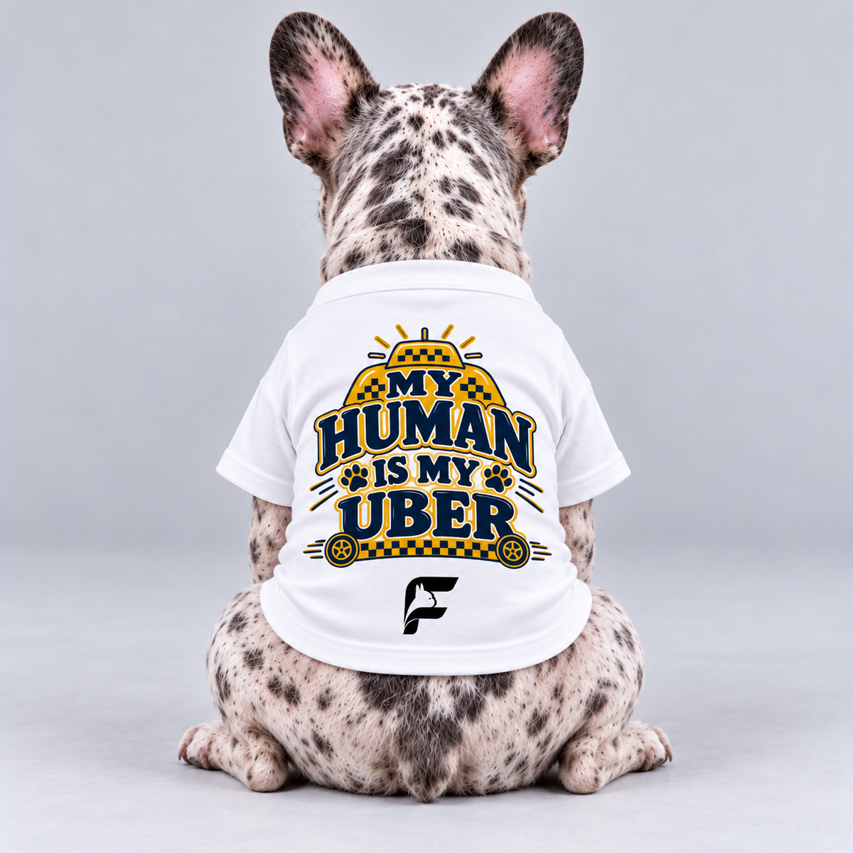 My Human Is My Uber cotton dog T-shirt, back view on our Frenchie model with signature logo
