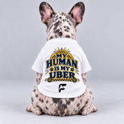 My Human Is My Uber cotton dog T-shirt, back view on our Frenchie model with signature logo