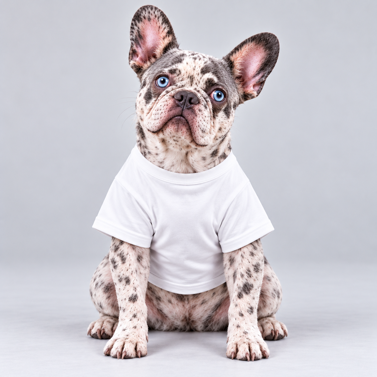 My Human Is My Uber cotton dog T-shirt, plain front view on our Frenchie model