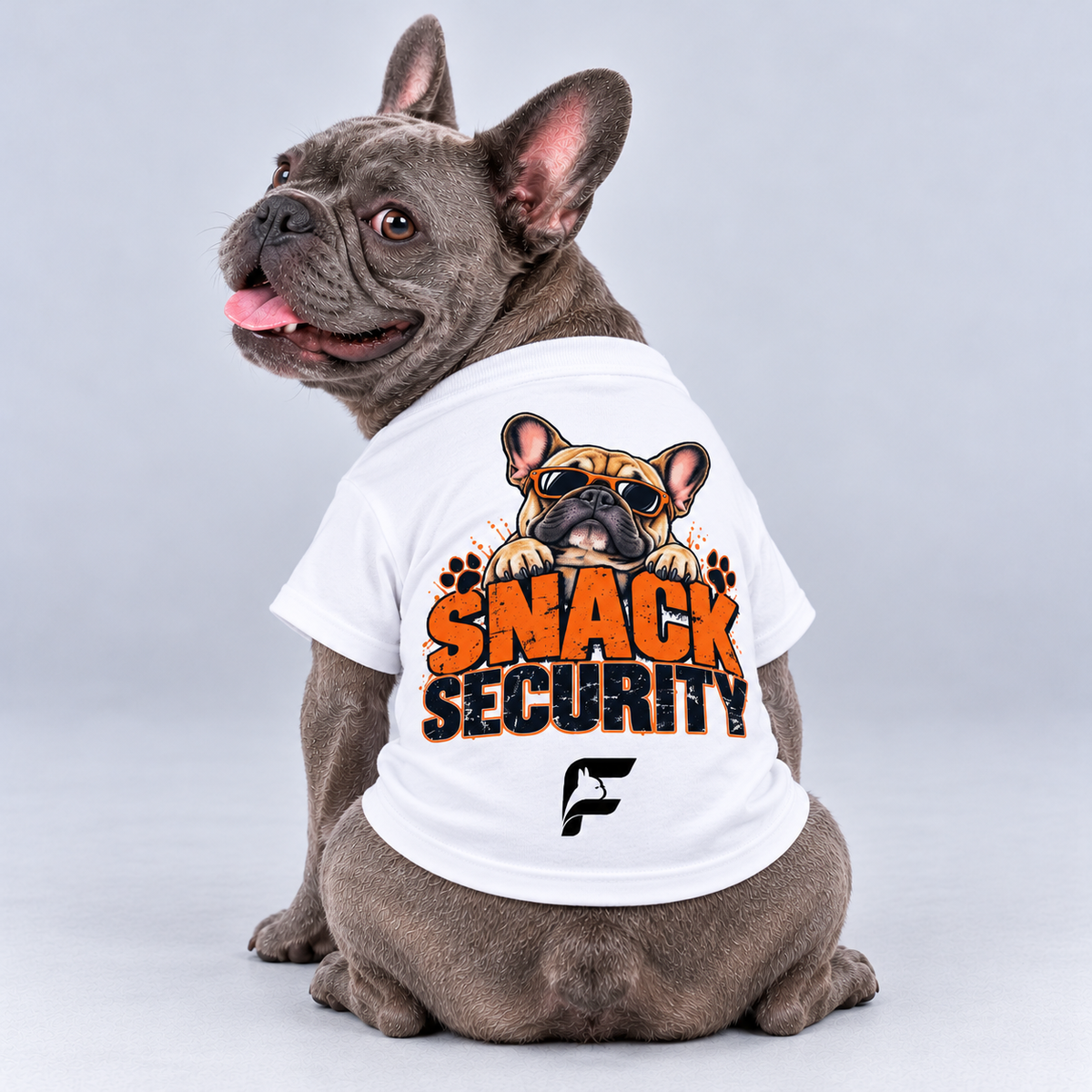 Snack Security cotton dog T-shirt, back view on our Frenchie model with signature logo