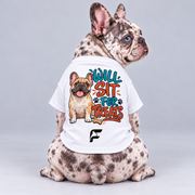 Will Sit for Treats cotton dog T-shirt, back view on our Frenchie model with signature logo