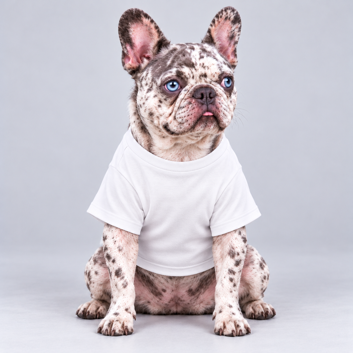 Will Sit for Treats cotton dog T-shirt, plain front view on our Frenchie model