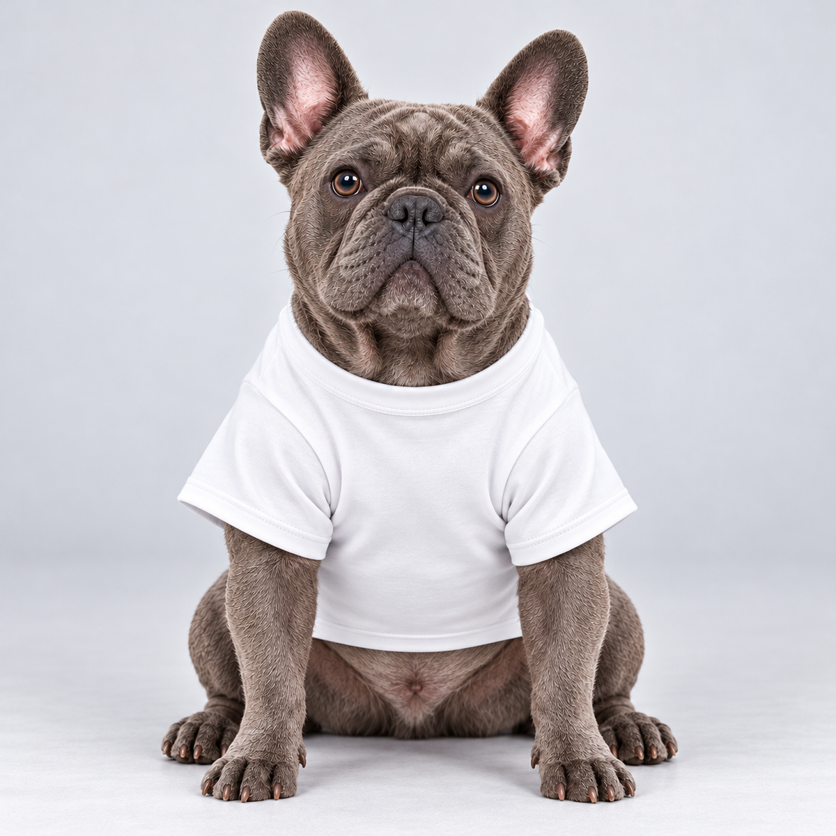 My Human Is Well Trained cotton dog T-shirt, plain front view on our Frenchie model
