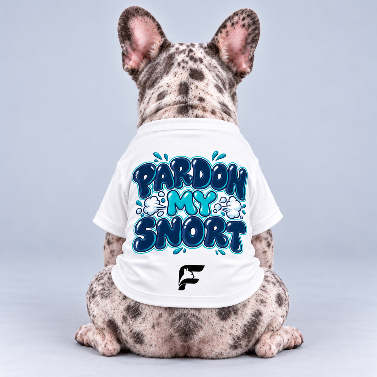 Pardon My Snort cotton dog T-shirt, back view on our Frenchie model with signature logo