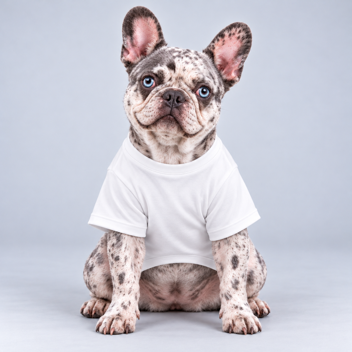 Pardon My Snort cotton dog T-shirt, plain front view on our Frenchie model