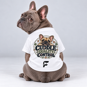Cuddle Quality Control cotton dog T-shirt, back view on our Frenchie model with signature logo