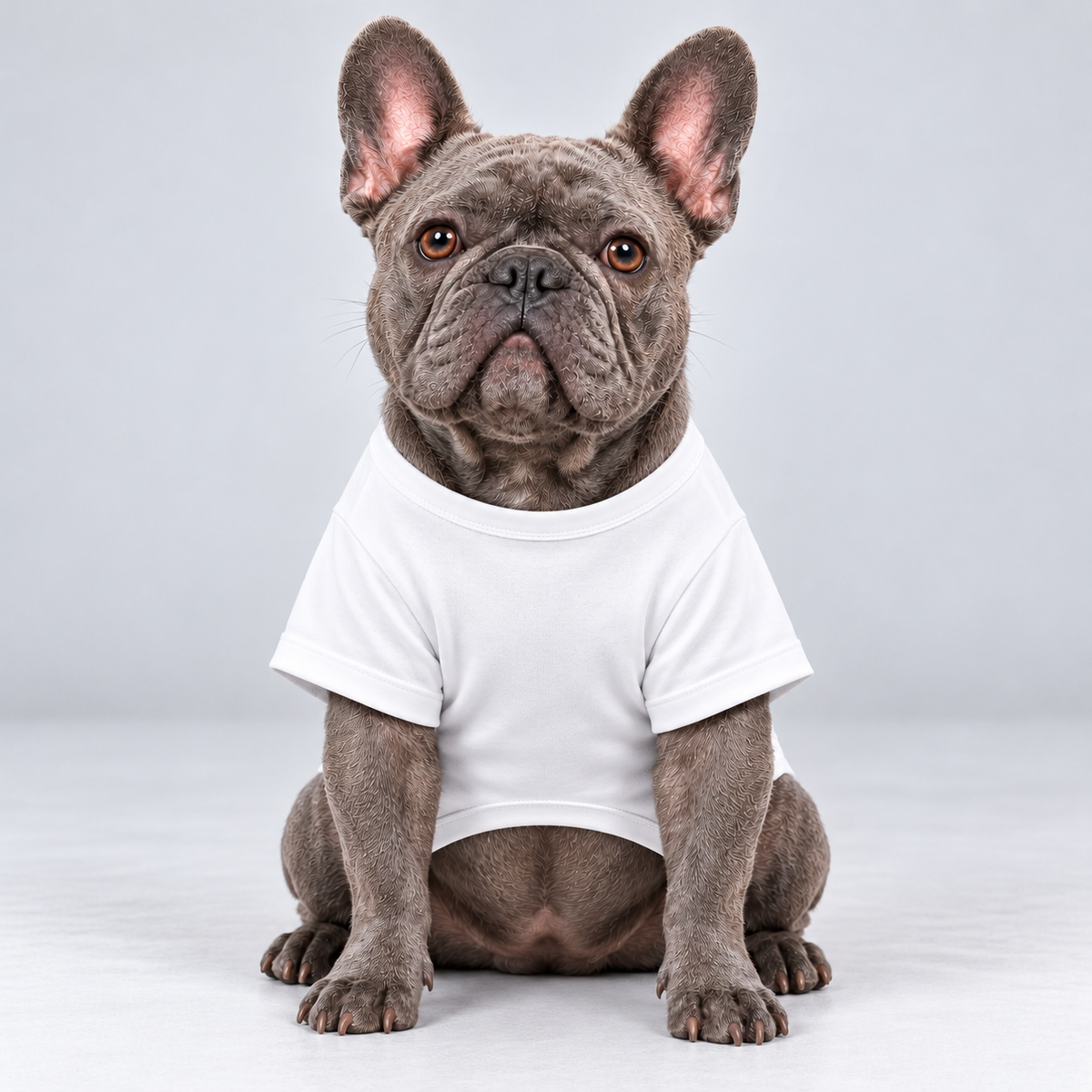 Cuddle Quality Control cotton dog T-shirt, plain front view on our Frenchie model
