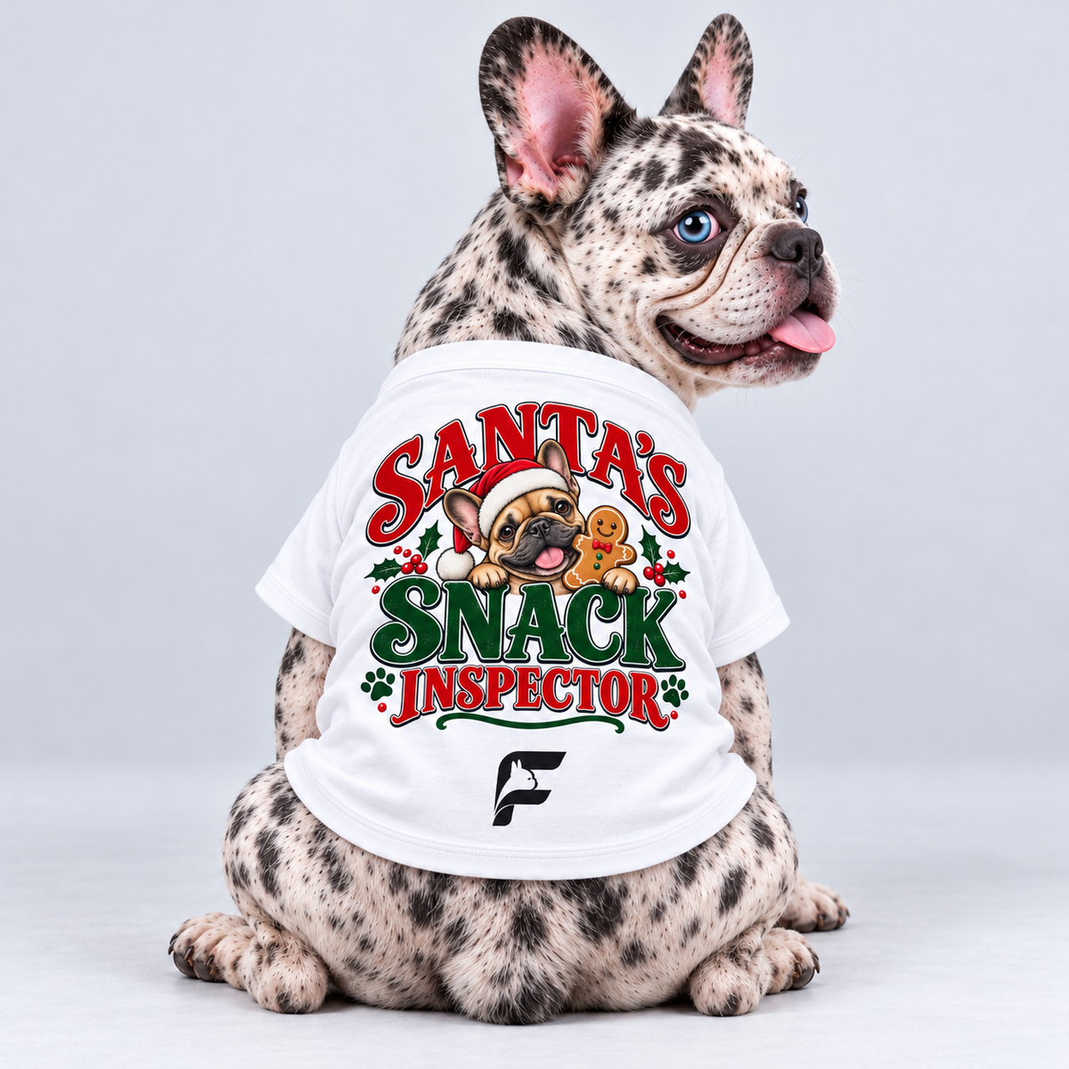 Santa Snack Inspector cotton dog T-shirt, back view on our Frenchie model with signature logo