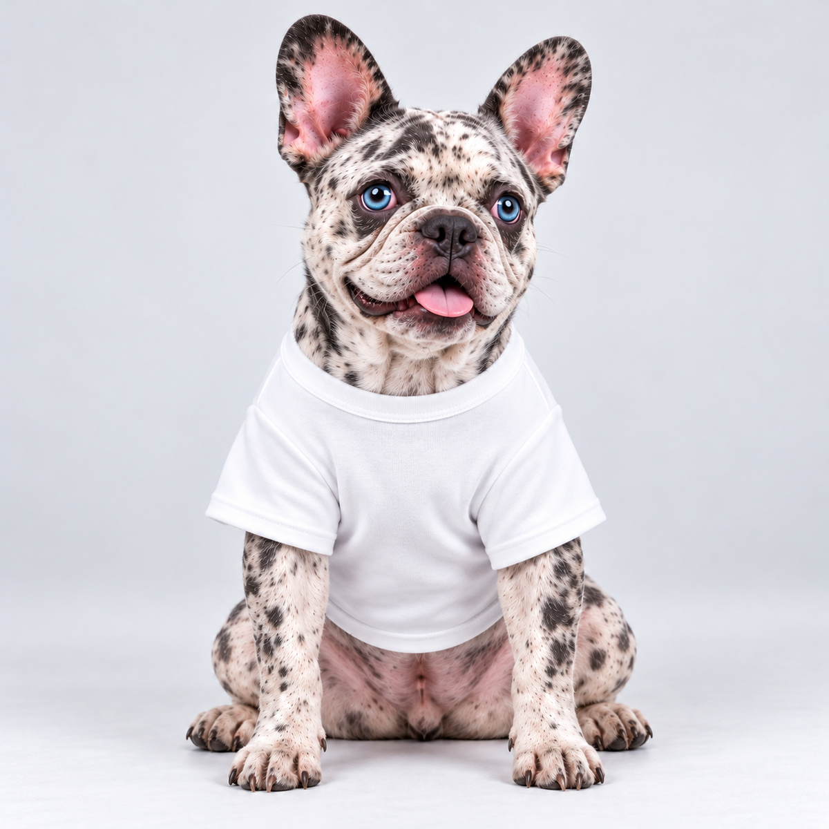 Santa Snack Inspector cotton dog T-shirt, plain front view on our Frenchie model