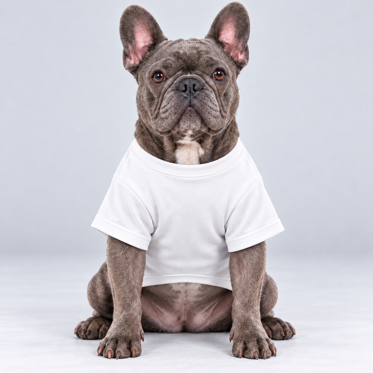 Too Cute for Naughty List cotton dog T-shirt, plain front view on our Frenchie model