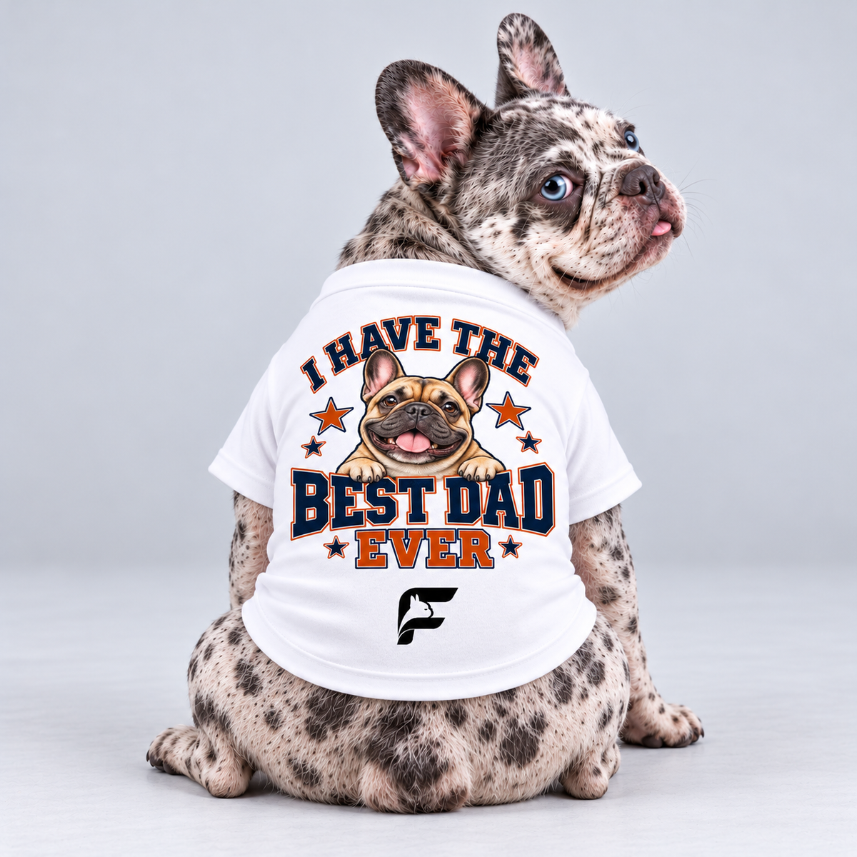 Best Dad Ever cotton dog T-shirt, back view on our Frenchie model with signature logo
