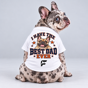 Best Dad Ever cotton dog T-shirt, back view on our Frenchie model with signature logo