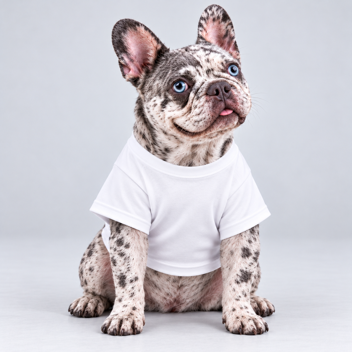 Best Dad Ever cotton dog T-shirt, plain front view on our Frenchie model