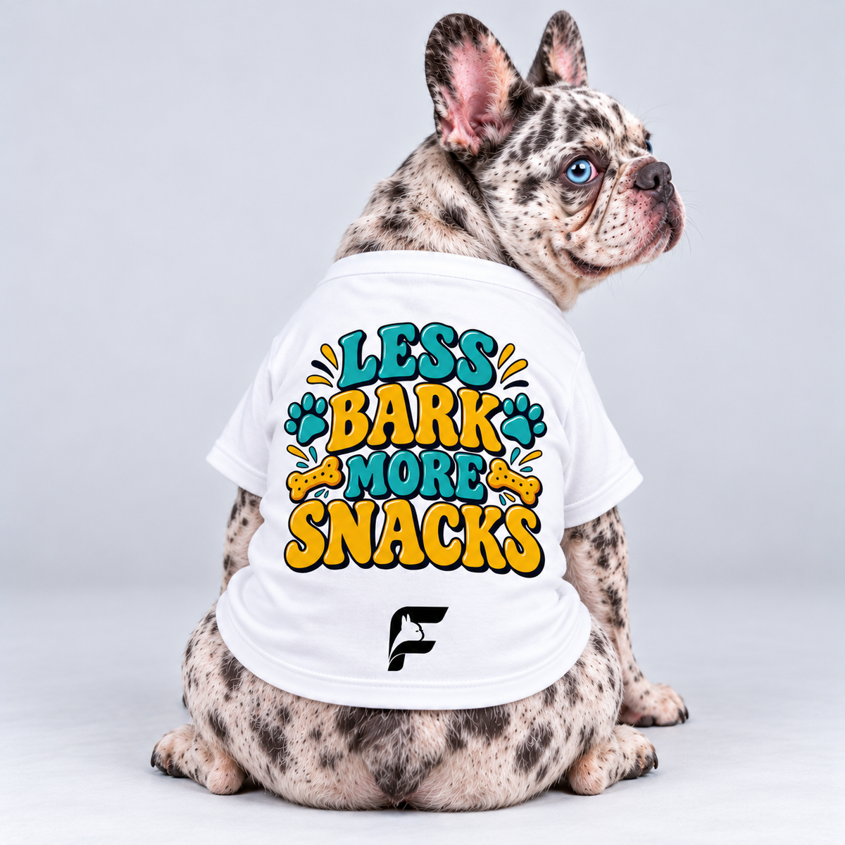 Less Bark More Snacks cotton dog T-shirt, back view on our Frenchie model with signature logo