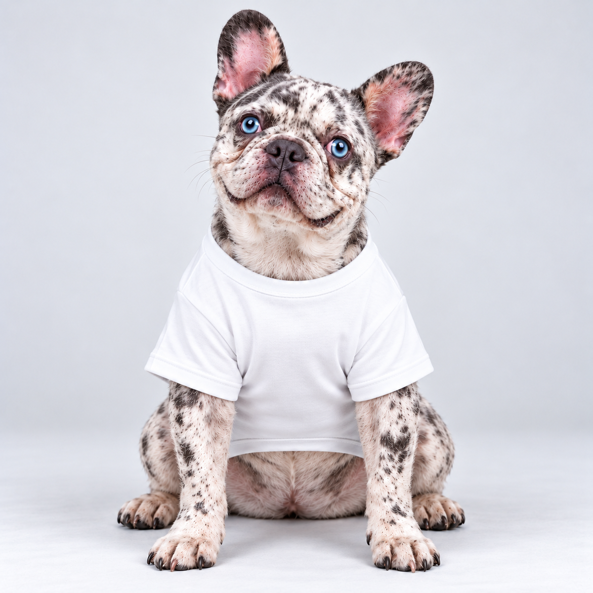 Less Bark More Snacks cotton dog T-shirt, plain front view on our Frenchie model