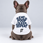 Eat Poop Sleep Repeat cotton dog T-shirt, back view on our Frenchie model with signature logo