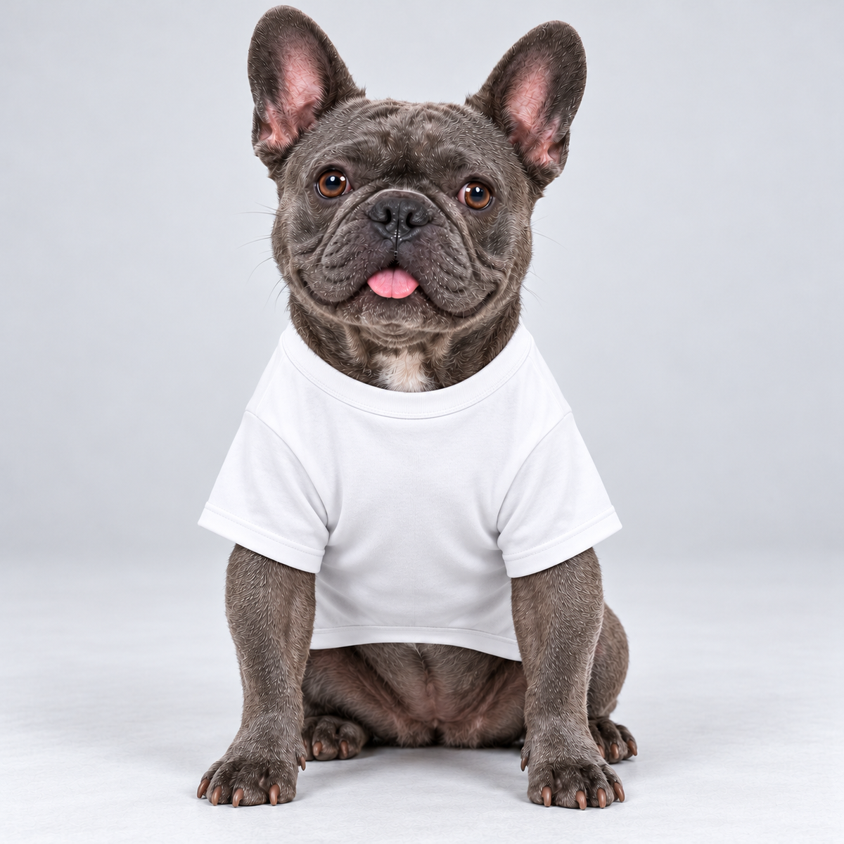 Eat Poop Sleep Repeat cotton dog T-shirt, plain front view on our Frenchie model