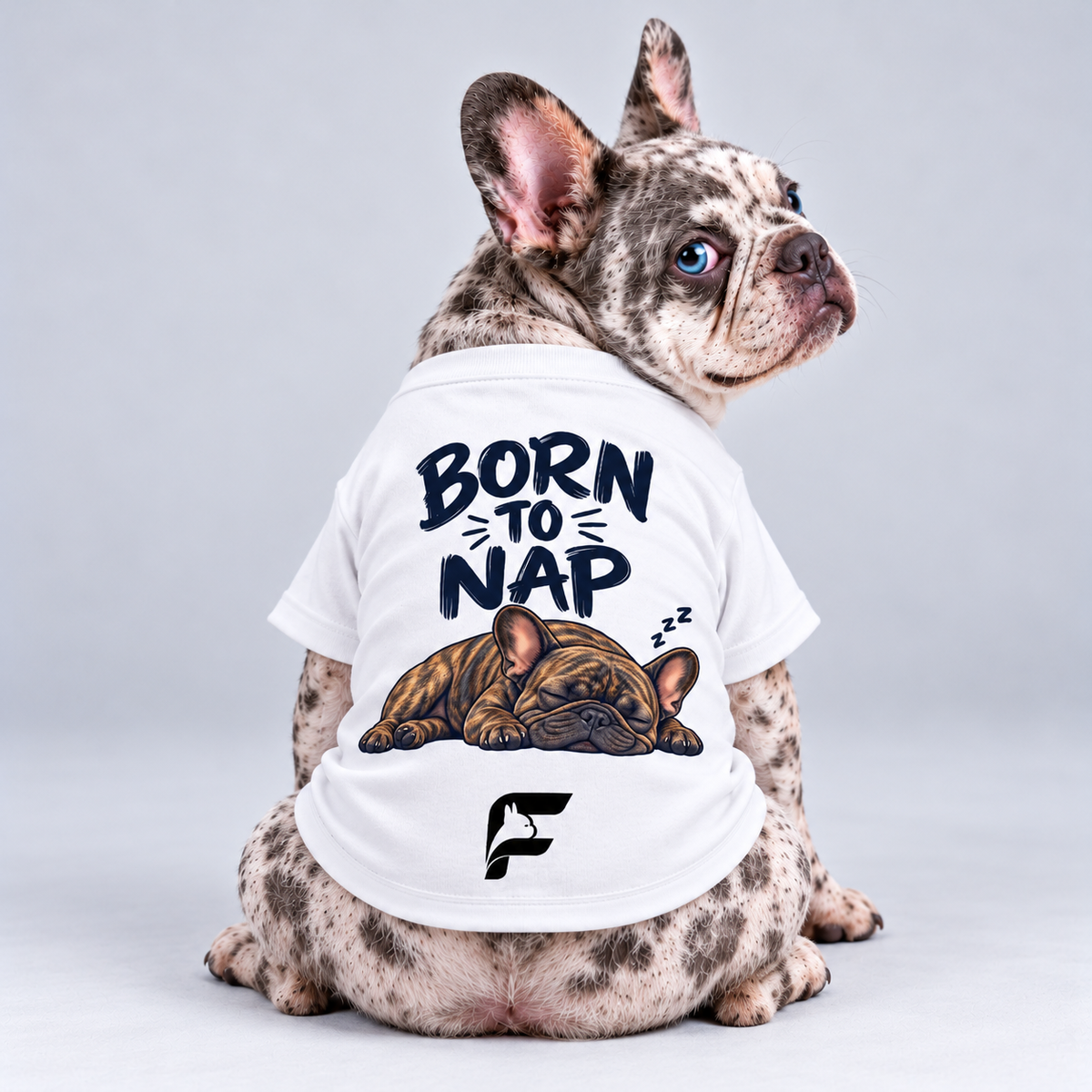 Born to Nap cotton dog T-shirt, back view on our Frenchie model with signature logo