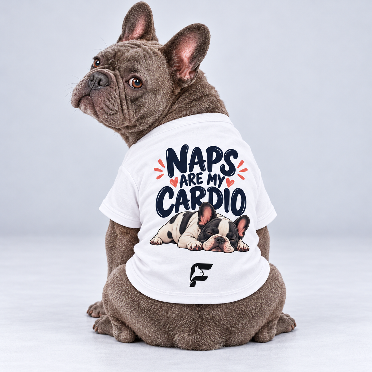 Naps Are My Cardio cotton dog T-shirt, back view on our Frenchie model with signature logo