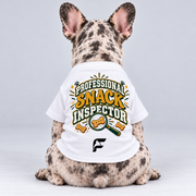 Snack Inspector cotton dog T-shirt, back view on our Frenchie model with signature logo
