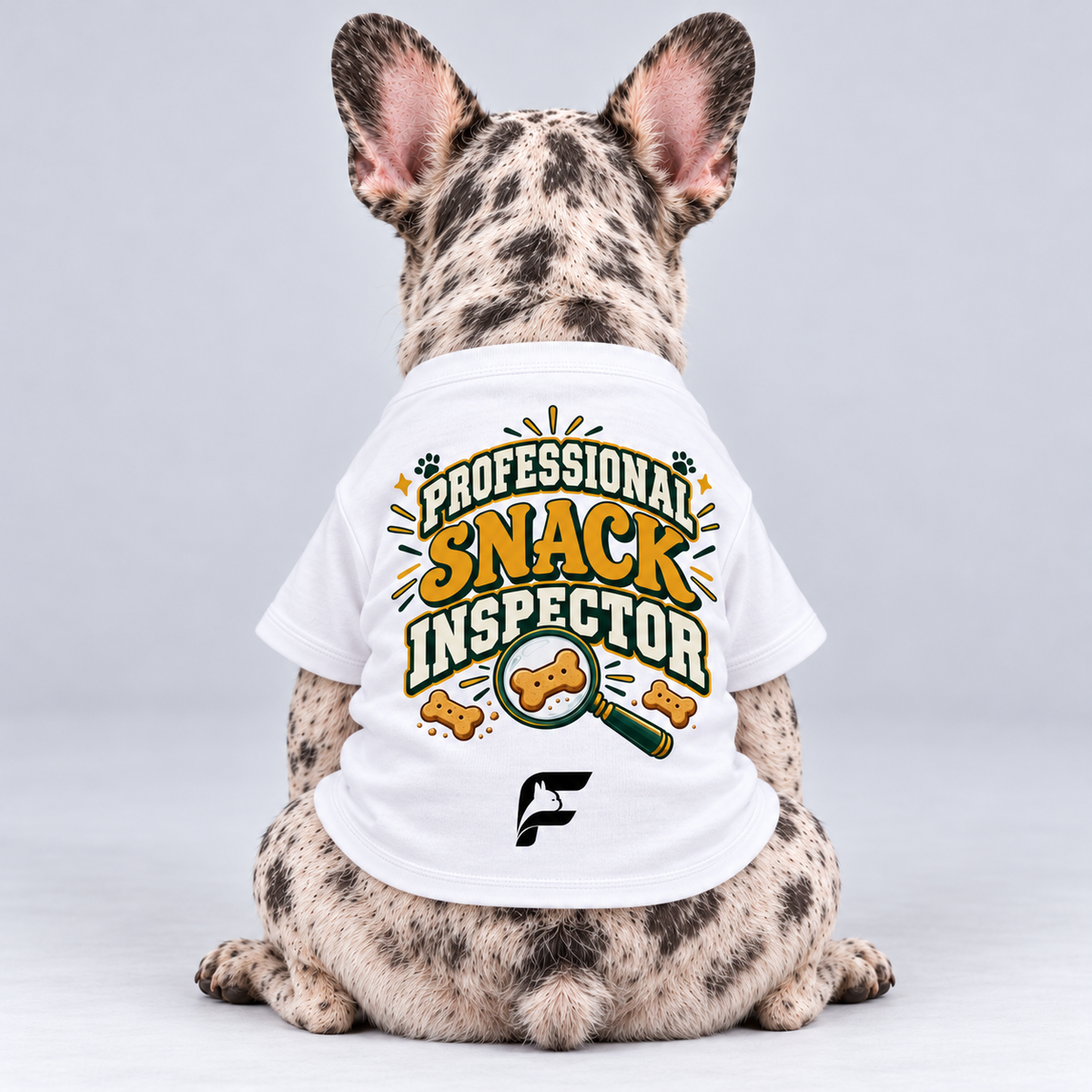 Snack Inspector cotton dog T-shirt, back view on our Frenchie model with signature logo