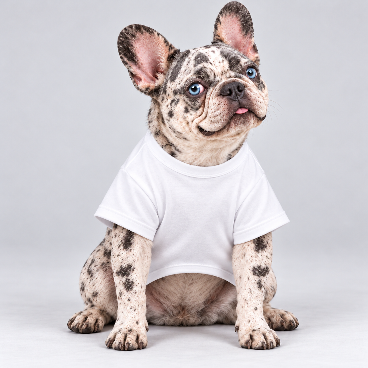 Snack Inspector cotton dog T-shirt, plain front view on our Frenchie model
