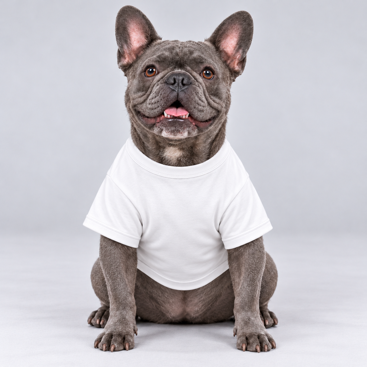 Chief Treat Officer cotton dog T-shirt, plain front view on our Frenchie model