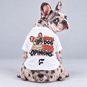 Small Dog Big Opinions cotton dog T-shirt, back view on our Frenchie model with signature logo