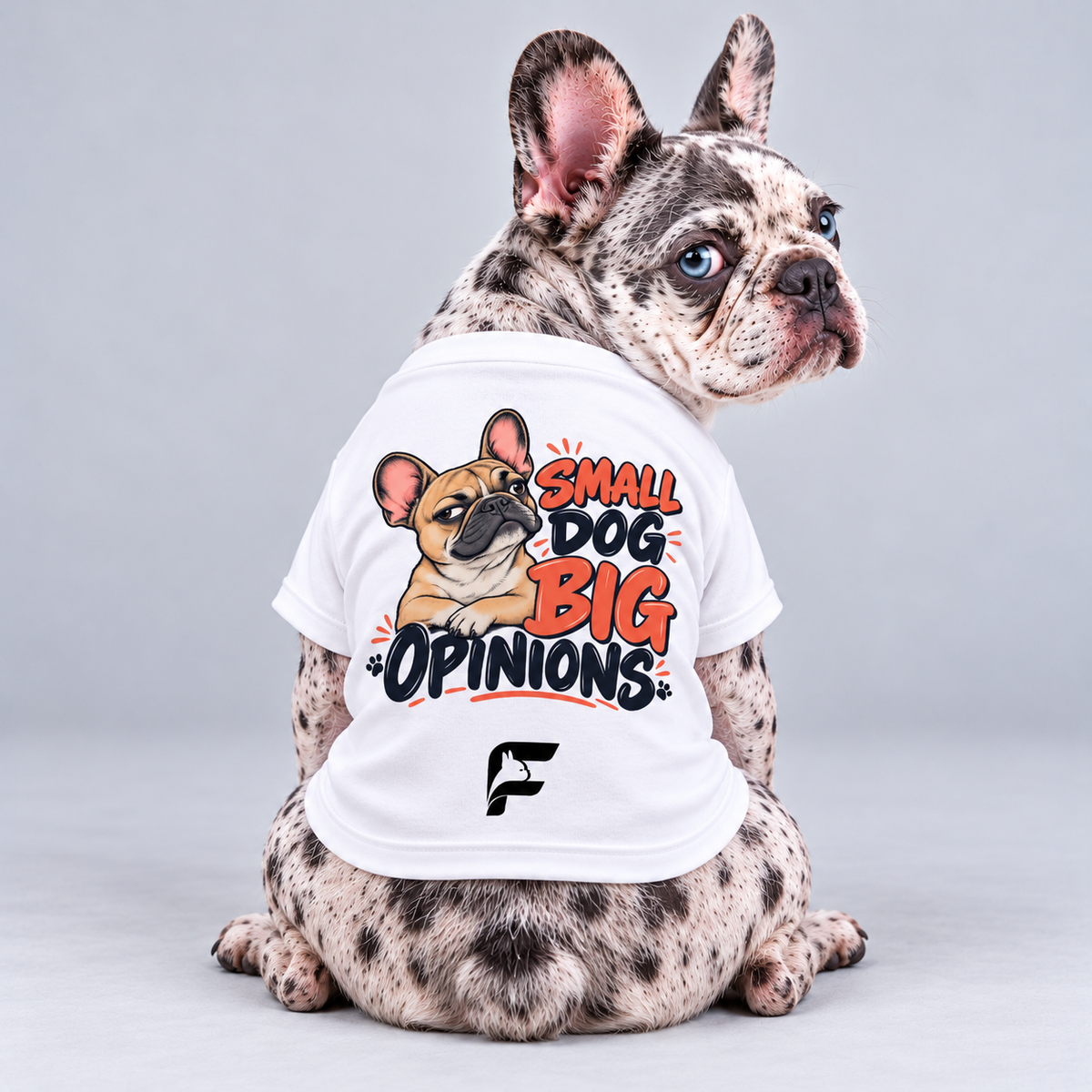 Small Dog Big Opinions cotton dog T-shirt, back view on our Frenchie model with signature logo