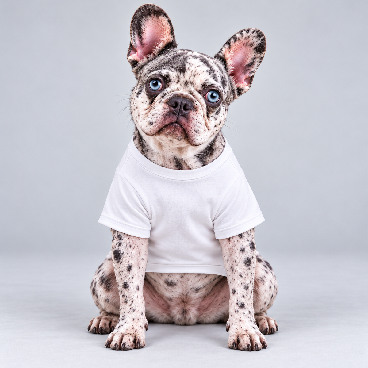 Small Dog Big Opinions cotton dog T-shirt, plain front view on our Frenchie model