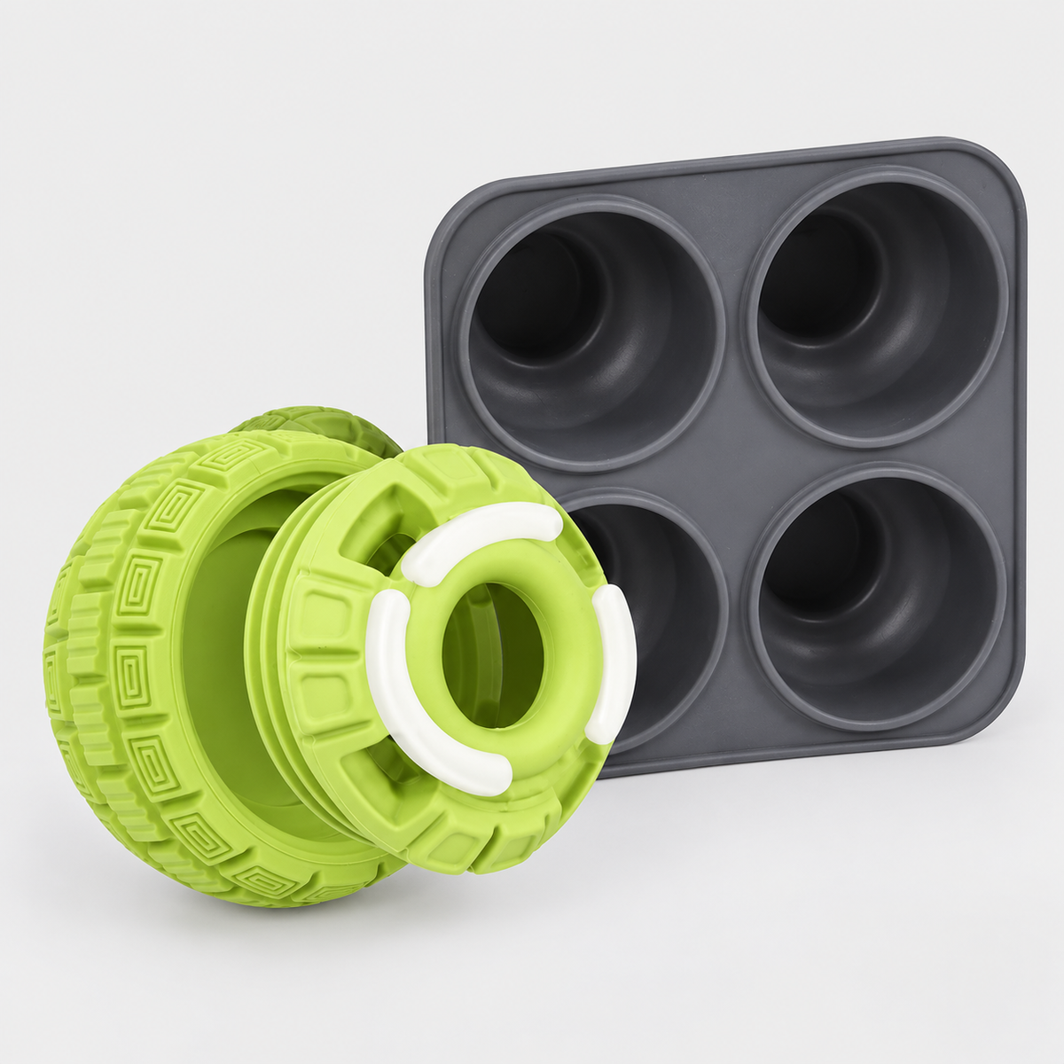 Cube French Bulldog Treat Puzzle Toys — Green Rubber Ball & Plate product photo