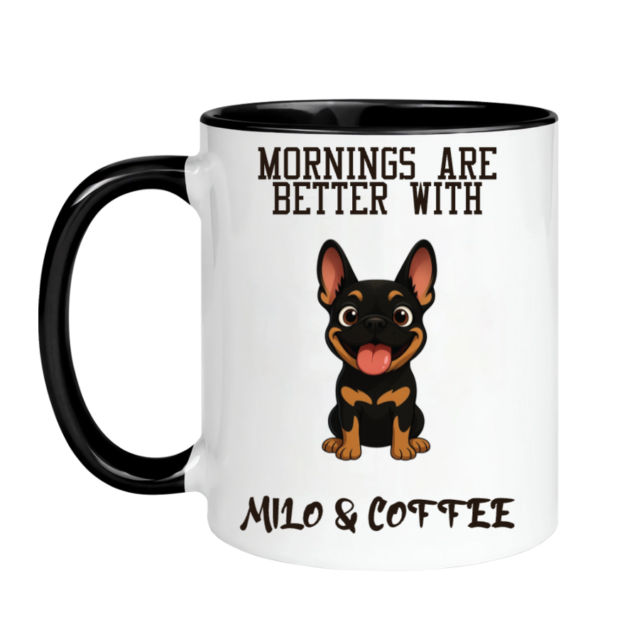 Personalized French Bulldog accent mug, example name Milo