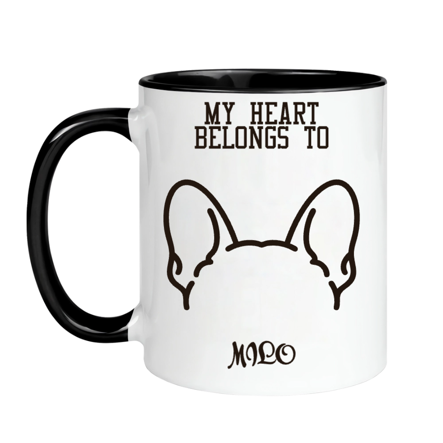 Personalized French Bulldog accent mug, example name Milo