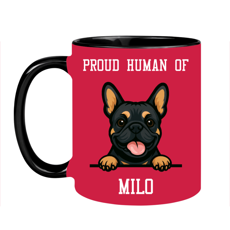Personalized French Bulldog accent mug, example name Milo