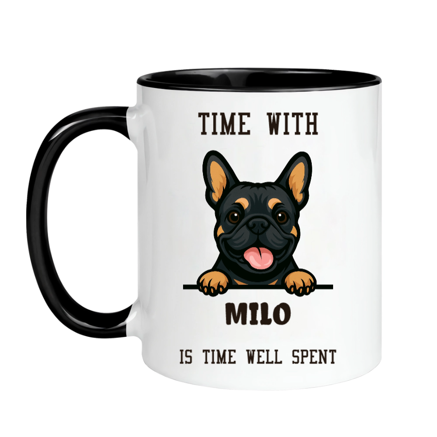 Personalized French Bulldog accent mug, example name Milo