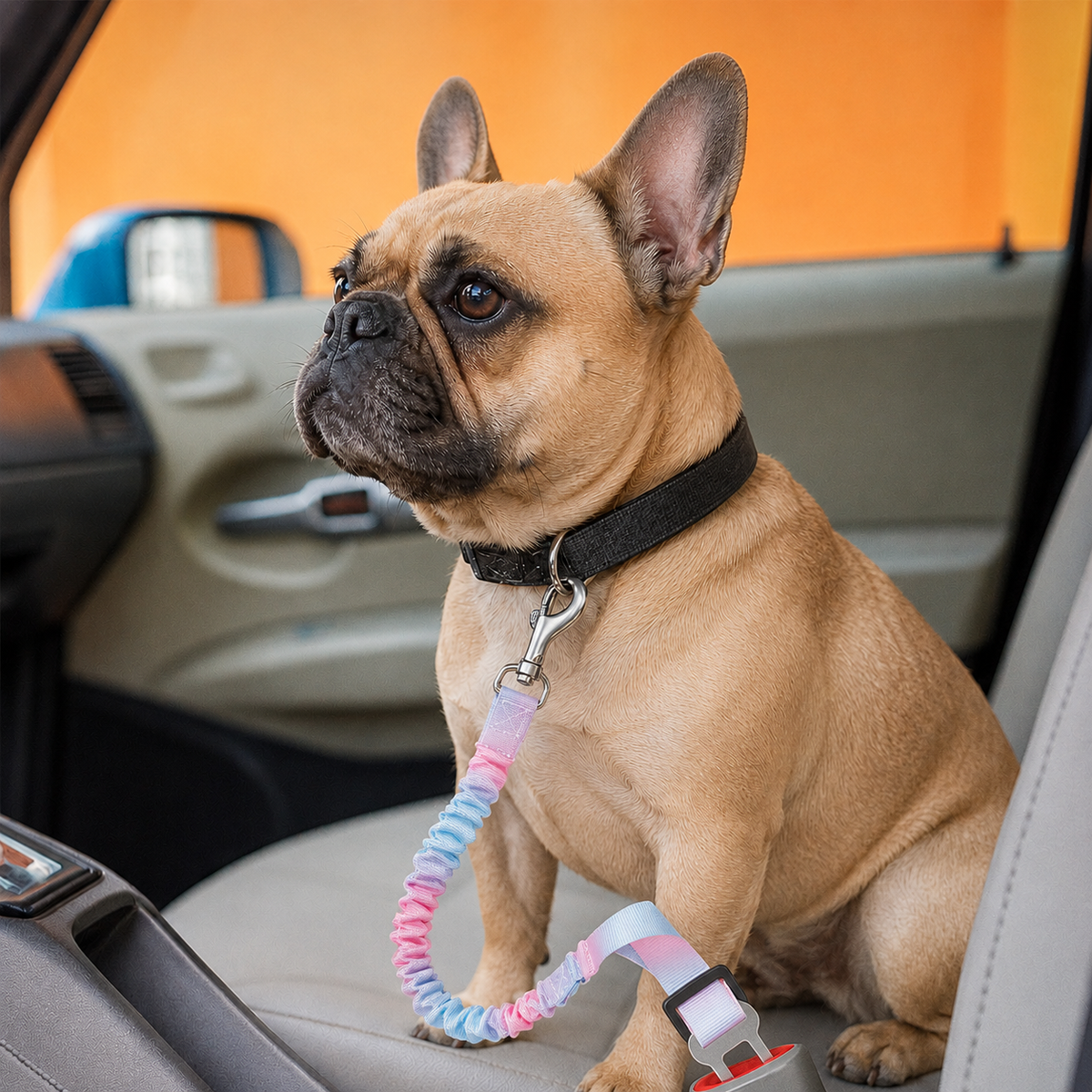Adjustable bungee car seat belt tether for Frenchies in woven nylon