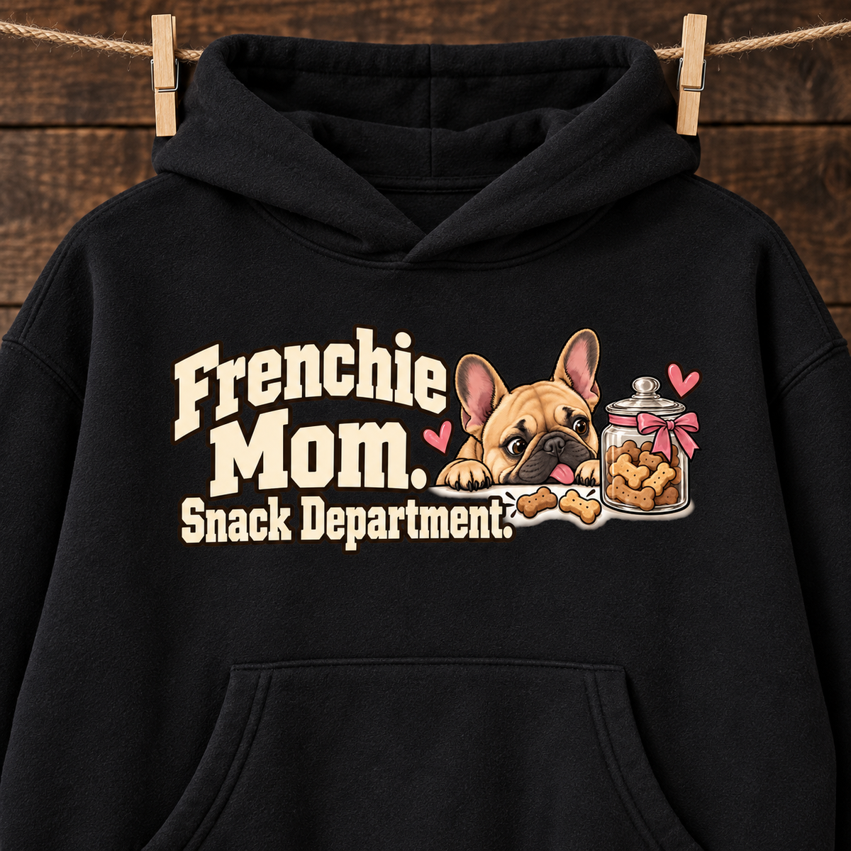 Close-up of the Frenchie Mom. Snack Department front print on a black French Bulldog hoodie.