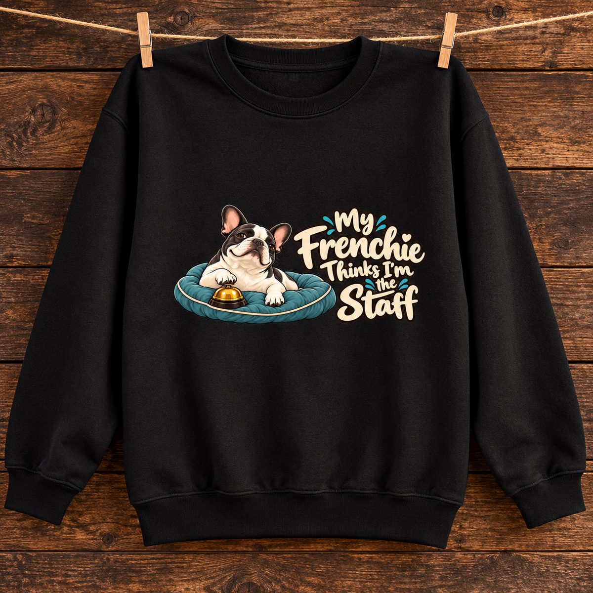 Model wearing a black French Bulldog sweatshirt with My Frenchie Thinks I'm the Staff on the front