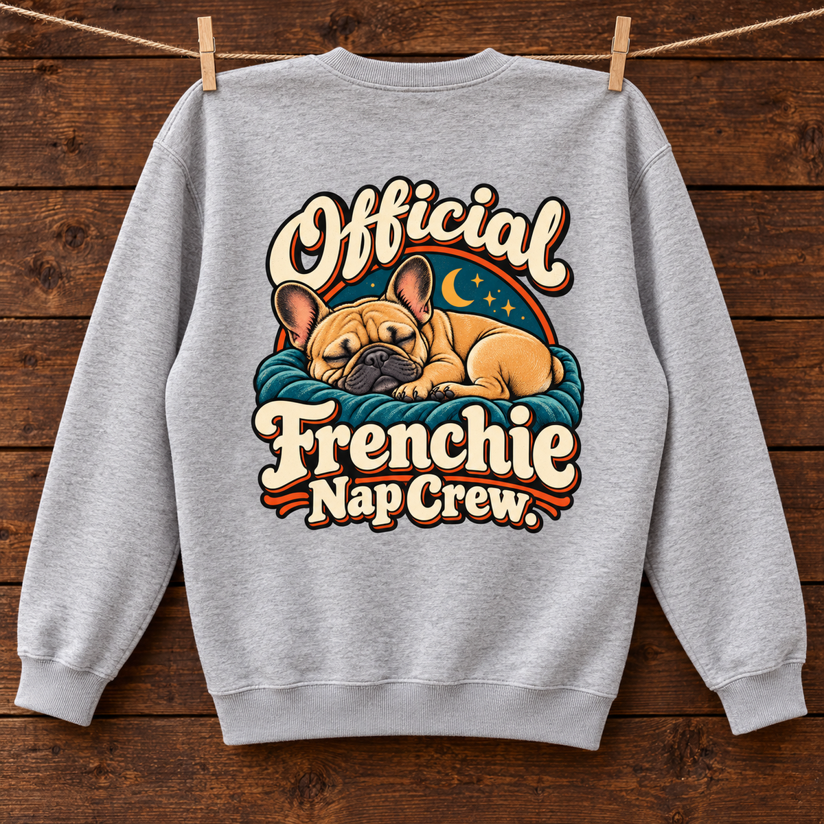 Close-up of Official Frenchie Nap Crew. back artwork on a flower gray fleece sweatshirt