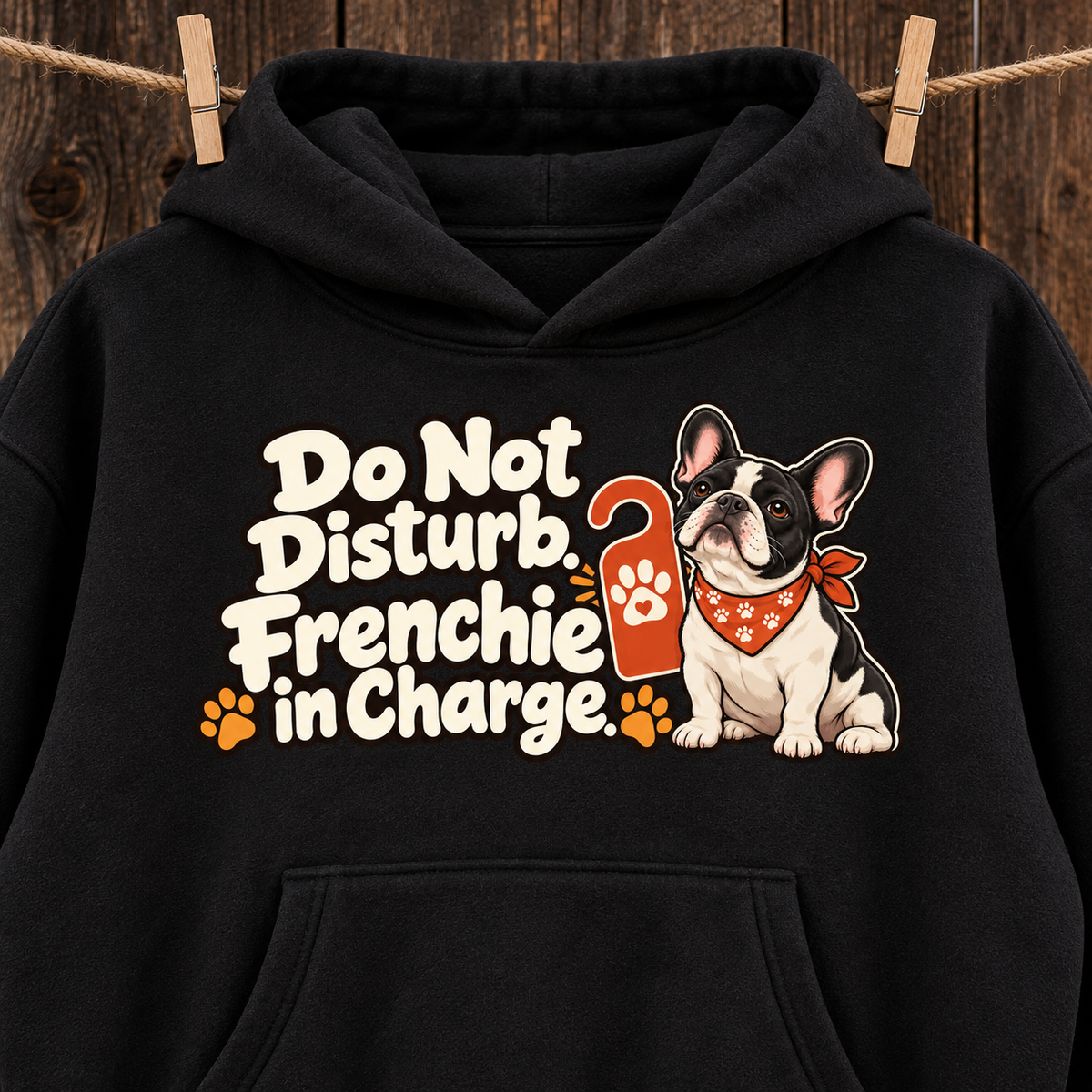 Close-up of the Do Not Disturb. Frenchie in Charge front print on a black French Bulldog hoodie.