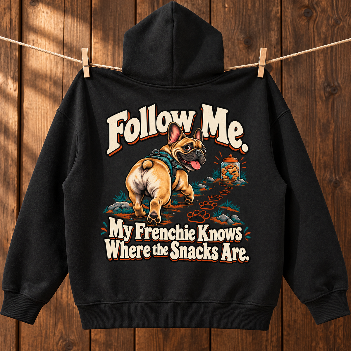 Close-up of the Follow Me. My Frenchie Knows Where the Snacks Are back print on a black French Bulldog hoodie.