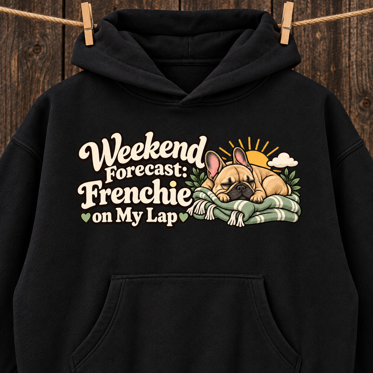 Close-up of the Weekend Forecast: Frenchie on My Lap front print on a black French Bulldog hoodie.