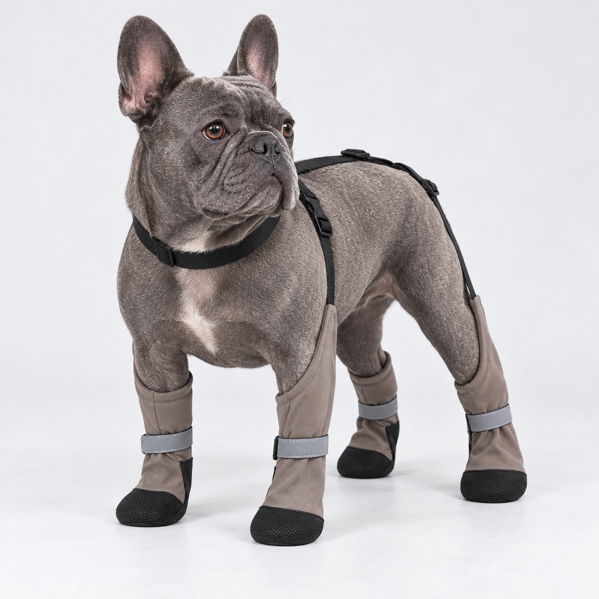 Blue-gray French Bulldog wearing adjustable boots and back suspension set