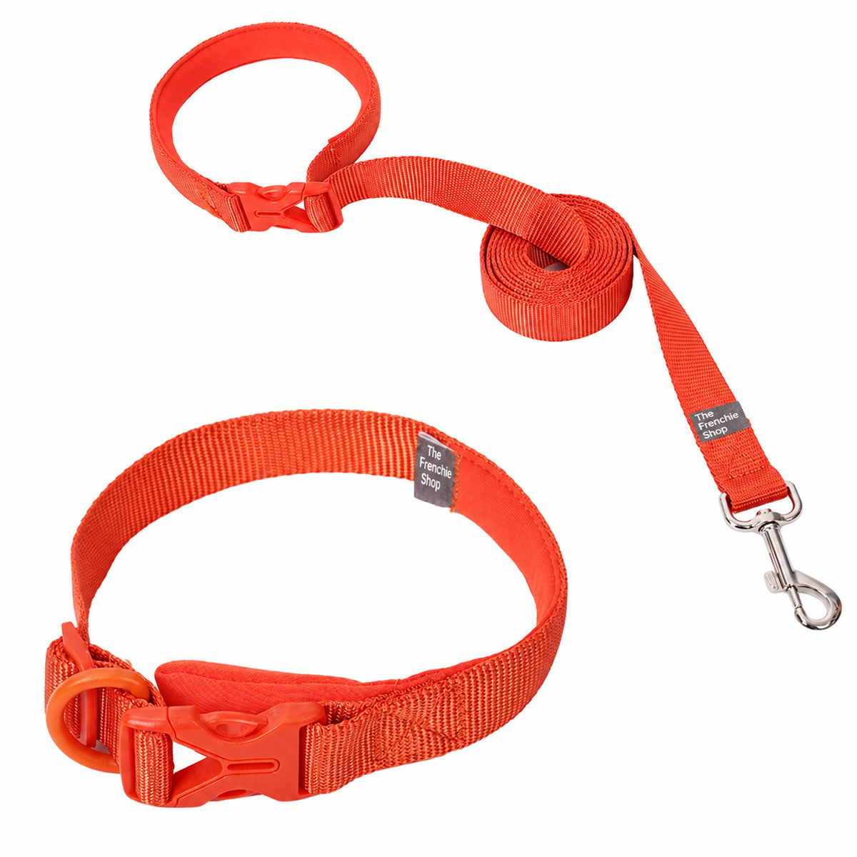 French Bulldog Harness & Collar – Neutral & Bright Colours — Red Orange Collar product photo