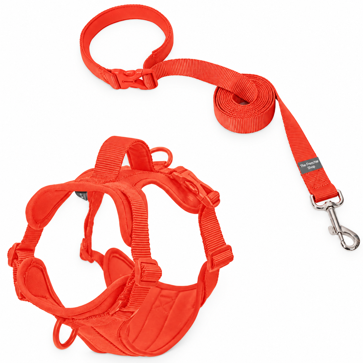 French Bulldog Harness & Collar – Neutral & Bright Colours — Red Orange Harness product photo