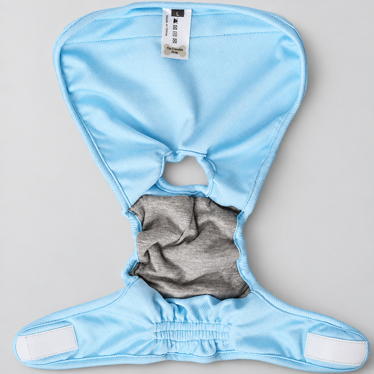 French Bulldog Hygiene Pants — Light Blue studio photo