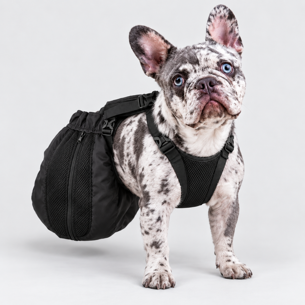 French Bulldog Rear-Leg Drag Bag — Black — Frenchie wearing product
