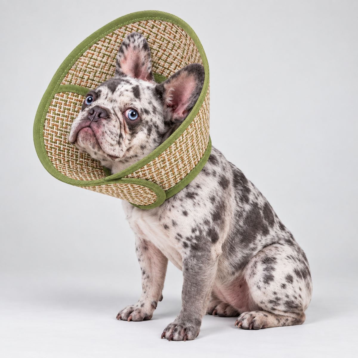 French Bulldog Recovery Cone — Green studio photo