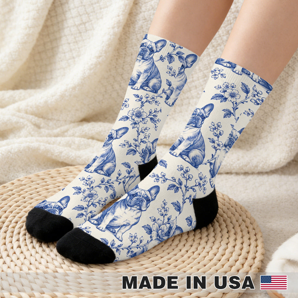 Frenchie Blue Toile Crew Socks